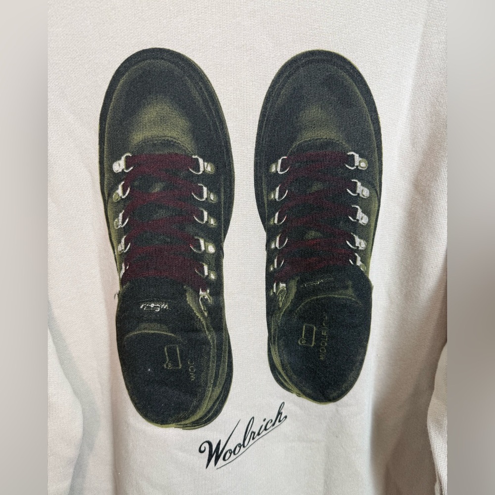 Woolrich Graphic 100% Crewneck Sweatshirt Boots Print Beige Size S - Picture 7 of 12